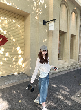 珍珍家淡系老钱交叉镂空网织设计感薄薄长袖针织衫慵懒上衣罩衫女