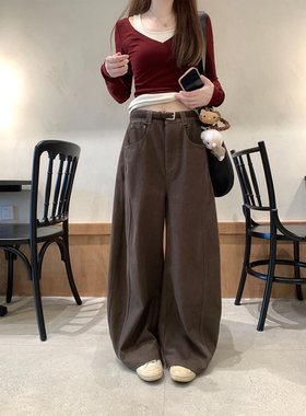 珍珍家琥珀流光本期超爱工装裤百搭显瘦复古阔腿弯刀裤高腰长裤秋