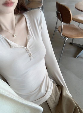 珍珍家长期主义V领小松弛显瘦软糯长袖百搭打底上衣基础修身弹力T