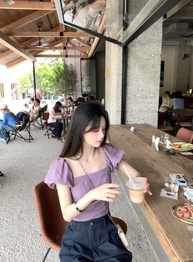 珍珍家紫罗兰遐想花苞袖温柔紫色短款小衫甜美韩系肌理感新款上衣