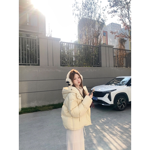 Zzhen珍珍暖绒布丁温柔奶油小泡芙短款面包服连帽白鸭绒羽绒服