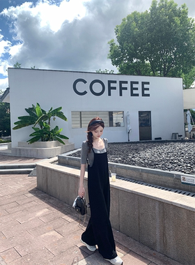 珍珍家雅痞美学垂顺宽松阔腿百搭黑色巨显瘦背带裤休闲直筒连体裤