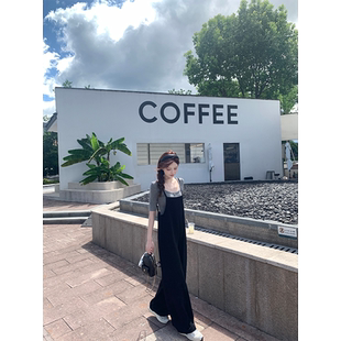 珍珍家雅痞美学垂顺宽松阔腿百搭黑色巨显瘦背带裤 休闲直筒连体裤