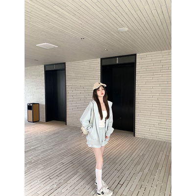 珍珍家懒人两件套宽松连帽开衫卫衣外套短裤休闲套装2025春季新款