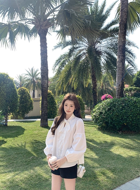 珍珍家解构主义小兔耳朵蝴蝶结温柔白色刺绣衬衫气质学院减龄衬衣