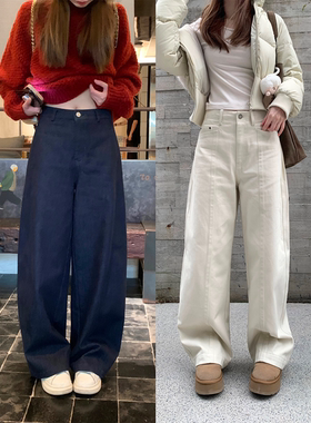 珍珍家自由角色Cleanfit加绒显瘦阔腿牛仔裤高腰百搭弯刀裤新款冬