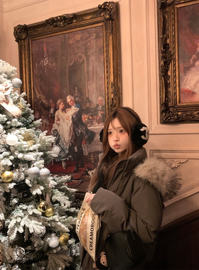 Zzhen珍珍海鸥灰磁吸扣连帽大毛领甜酷工装羽绒服2025冬季新款