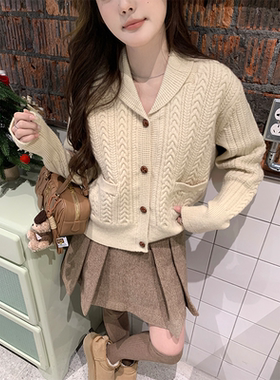 珍珍家韩版时髦不费力节日百搭麻花编织毛衣秋季针织开衫翻领上衣