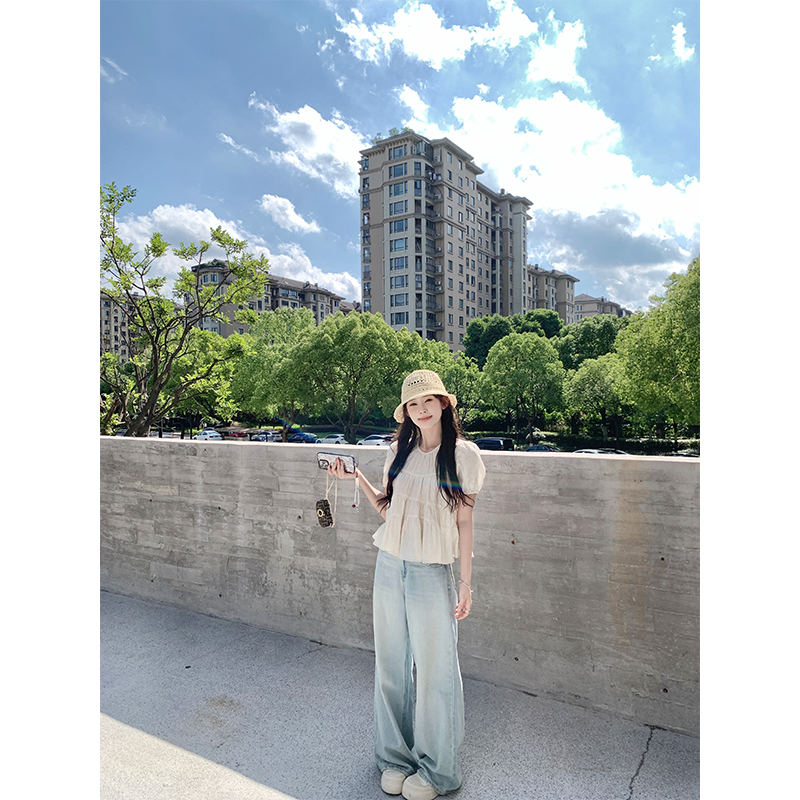 珍珍家褶皺賦予的夏日情書肌理感顯瘦韓版花苞袖小衫慵懶休閑上衣