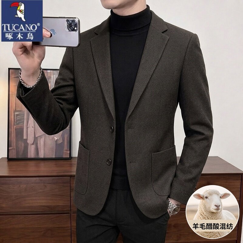 啄木鸟男士羊毛西服简约轻奢春秋休闲西服