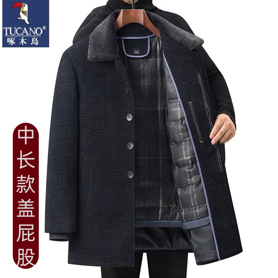 啄木鸟冬装外套男中老年羽绒内胆加厚可脱卸雪尼尔毛呢大衣爸爸装