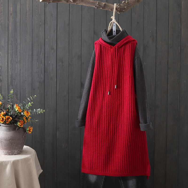 中长款针织马甲女纯色条纹连帽针织衫无袖毛线毛衣宽松百搭背心裙