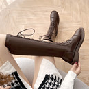 棕色长筒靴女2025年秋季新款平底不过膝骑士靴绑带显瘦高筒马丁靴