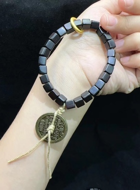 黑檀木绿檀木8MM方块手链搭配合金一枚山鬼钱手链简约时尚个性