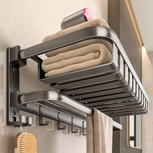 卫生间免打孔双折叠浴巾架毛巾杆