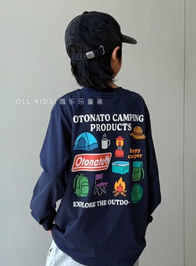OLL出口25秋季户外印花圆领长袖打底T恤童装男女儿童宽松时髦上衣