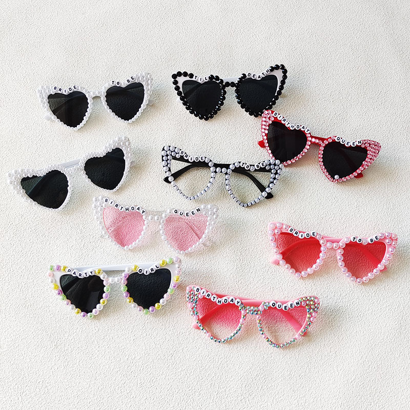 2025新娘太阳镜BRIDE时尚镶水钻bride字母珍珠桃心女单身派对墨镜