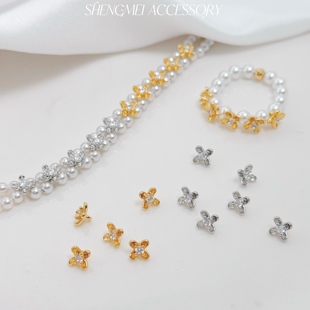 铜镀18K包金镶锆石小桂花隔珠小花吊坠手工diy水晶串珍珠饰品配件