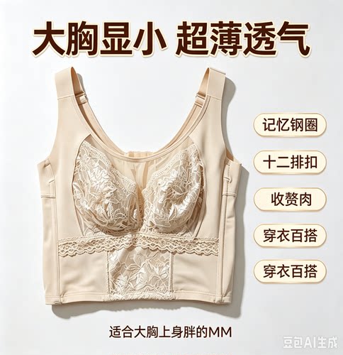 肤色不透大胸显小全罩杯薄款长文胸12排扣收副乳聚拢长文胸新款胖