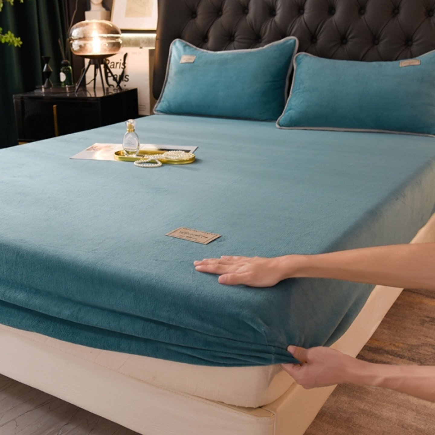 软乎乎牛奶绒床笠单件冬季保暖墨绿猫眼绿纯色防滑床垫罩单人双人