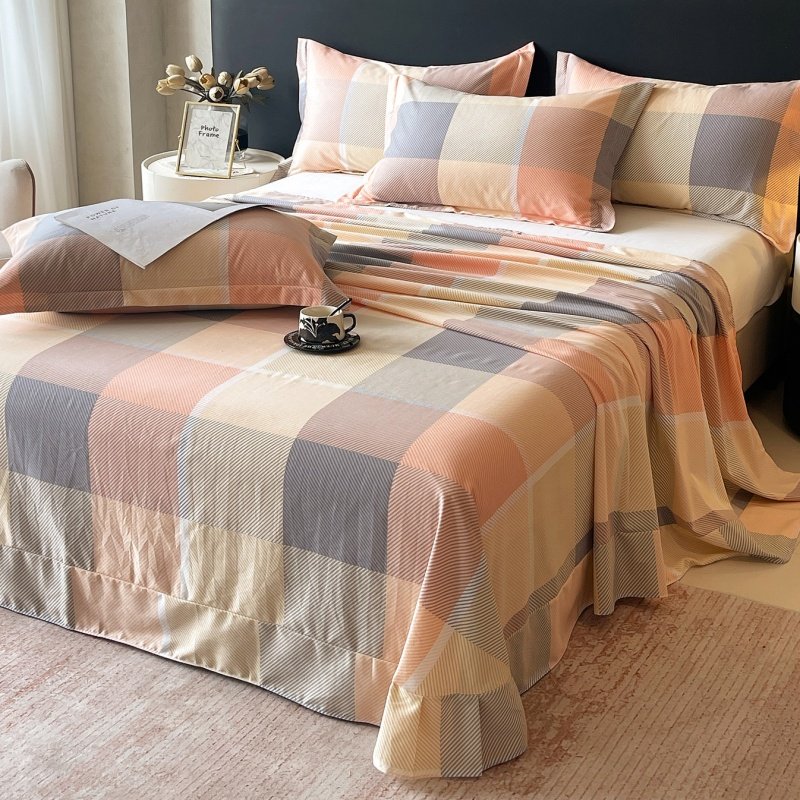 格纹美式全棉加厚磨毛床单单件米黄浅桔浅灰色秋冬纯棉被单1.21.5