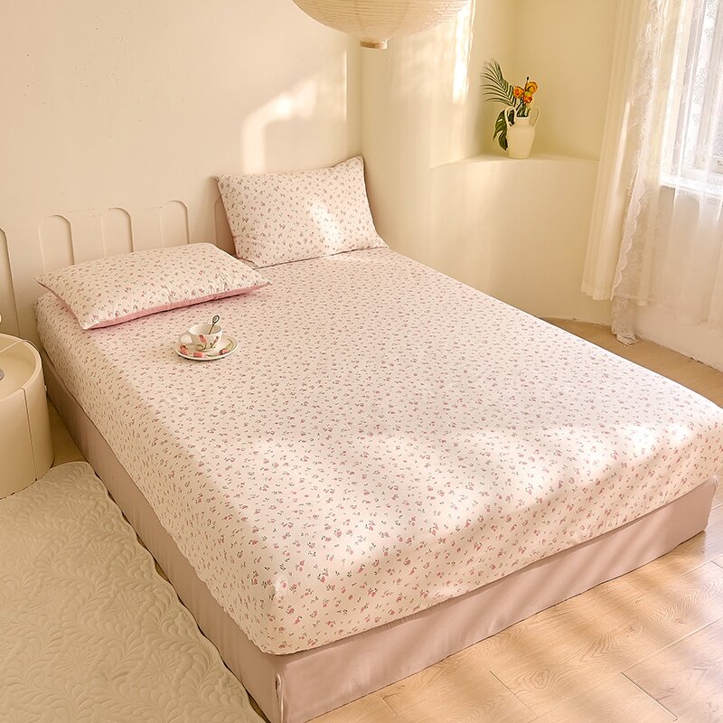 小枝玫瑰花全棉床笠单件浅粉桃粉色高密度纯棉单人双人床垫保护套