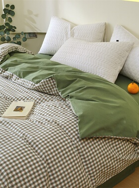 全棉色织水洗棉AB版被套单件学生宿舍单人家用被罩墨绿果绿色小格