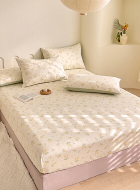 浅黄色碎花全棉床笠单件田园油菜花黄色纯棉单人床垫保护套1.2米