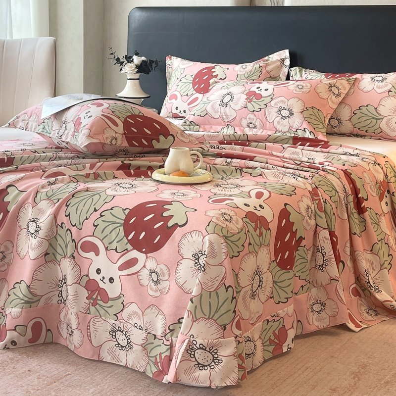 花朵小兔粉色全棉加厚磨毛床单单件酒红浅粉色秋冬纯棉被单1.21.5