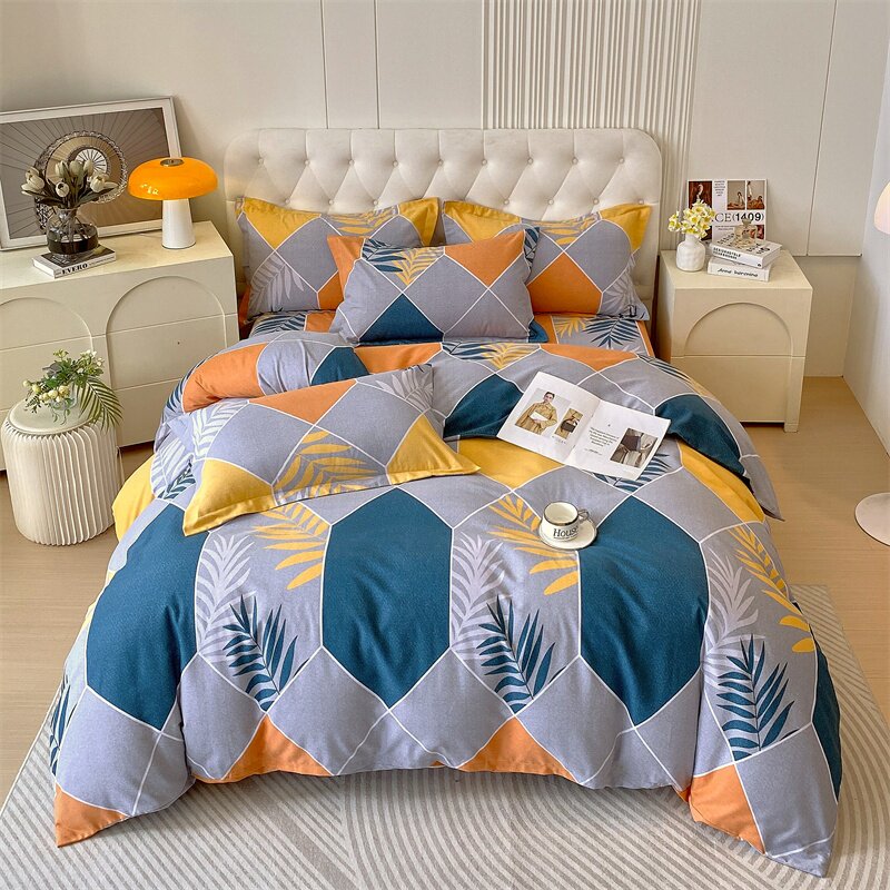 叶子格纹床品套件全棉磨毛四件套深蓝浅灰杏黄色床单被套单人双人