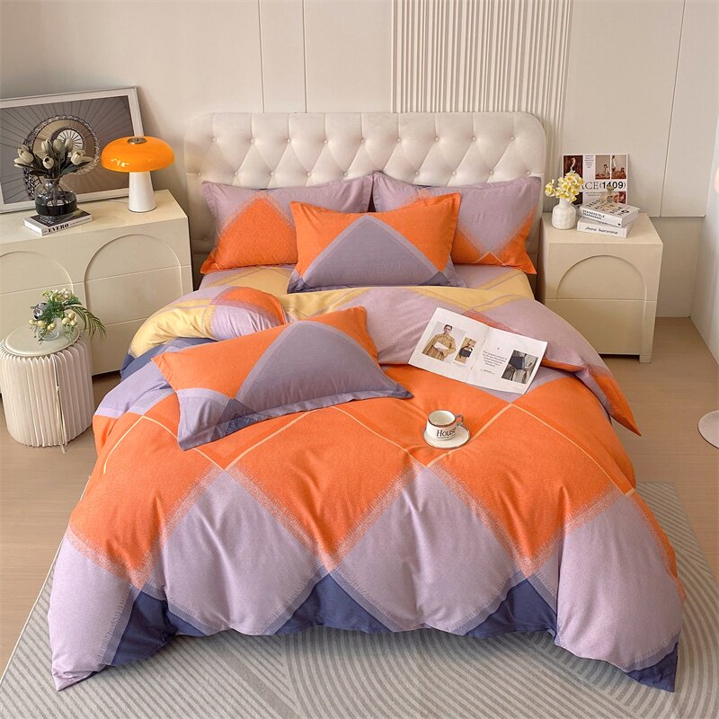 方格时尚床品套件全棉磨毛四件套橙黄浅紫宝蓝色床单被套单人双人