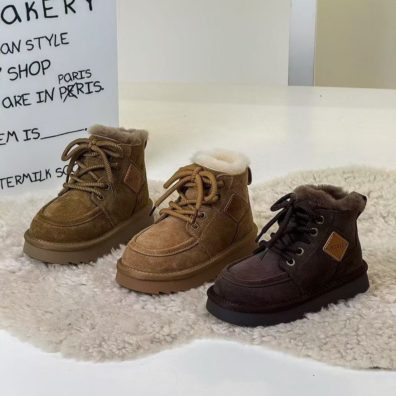 2025男女童皮毛一体绒皮雪地靴