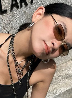 高级一脸茶色无边框辣妹太阳眼镜欧美复古冷淡风Y2K千禧潮搭墨镜