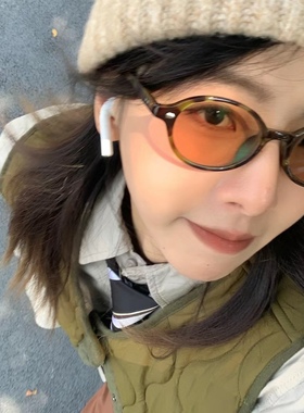 减龄复古书呆子椭圆形玳瑁茶色墨镜小脸高级感拍照变色太阳眼镜女