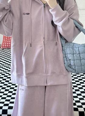 紫色麂皮休闲运动套装连帽套装学生减龄韩版秋冬宽松显瘦卫衣套装