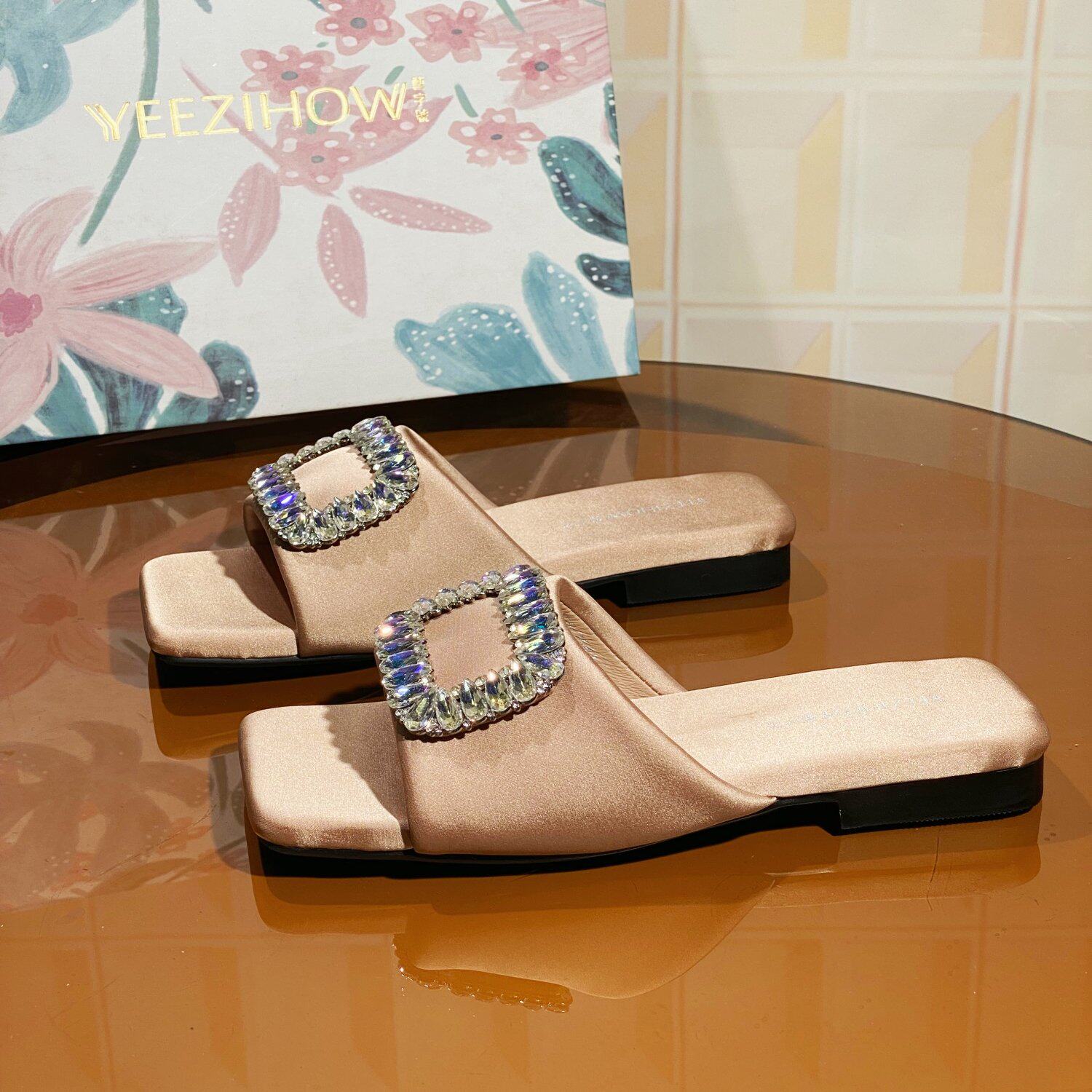 2541香槟色/真丝布断码清仓撤柜水钻方头一字拖女春夏低跟拖鞋