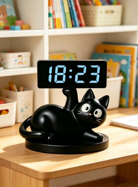 简约小众黑猫造型桌面奶油风定时闹钟儿童床头柜卡通生日装饰摆件