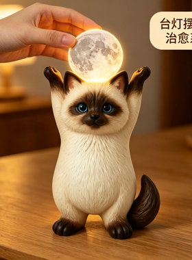 创意治愈系的暹罗猫暖光台灯床头柜学习卧室睡眠触摸小夜灯的摆件