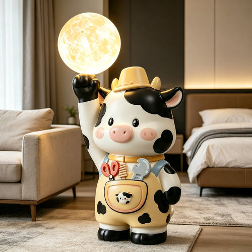 创意卡通奶牛造型儿童房间床头柜地面月球灯夜间台灯乔迁装饰摆件