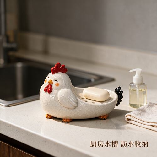 中式公鸡沥水免打孔香皂盒摆件