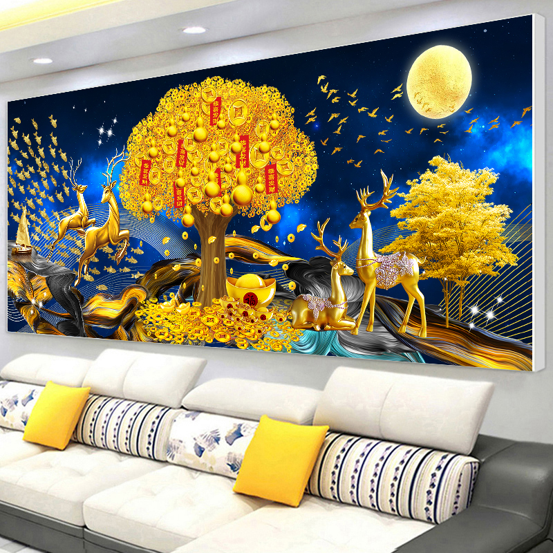 发财麋鹿摇钱树风景十字绣