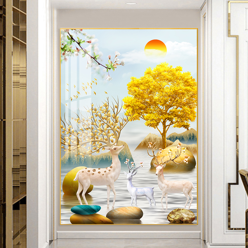 发财麋鹿摇钱树现代竖版十字绣