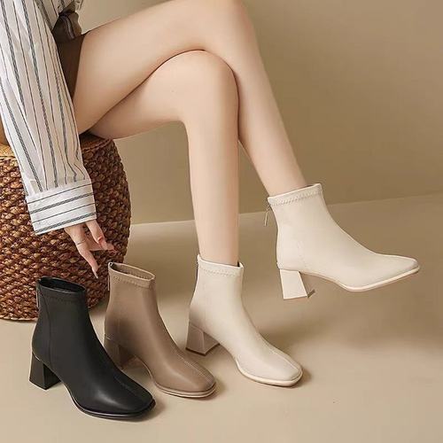 PLOVER法式软皮小短靴踝靴2025新款秋冬粗跟马丁靴方头加绒短筒瘦