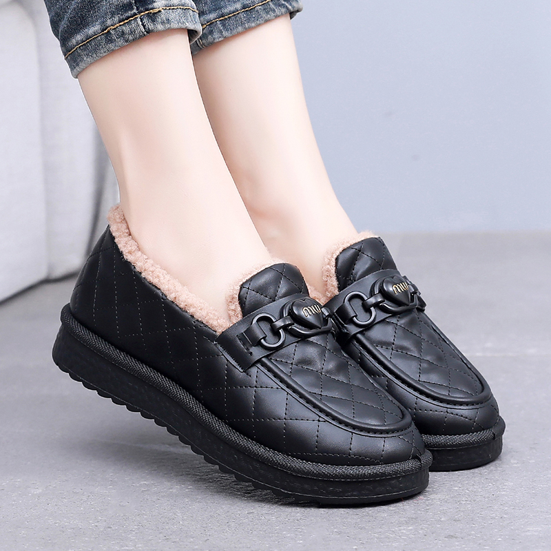 啄木鸟厚底乐福鞋女冬季加绒加厚保暖豆豆鞋2025新款毛毛鞋懒人鞋