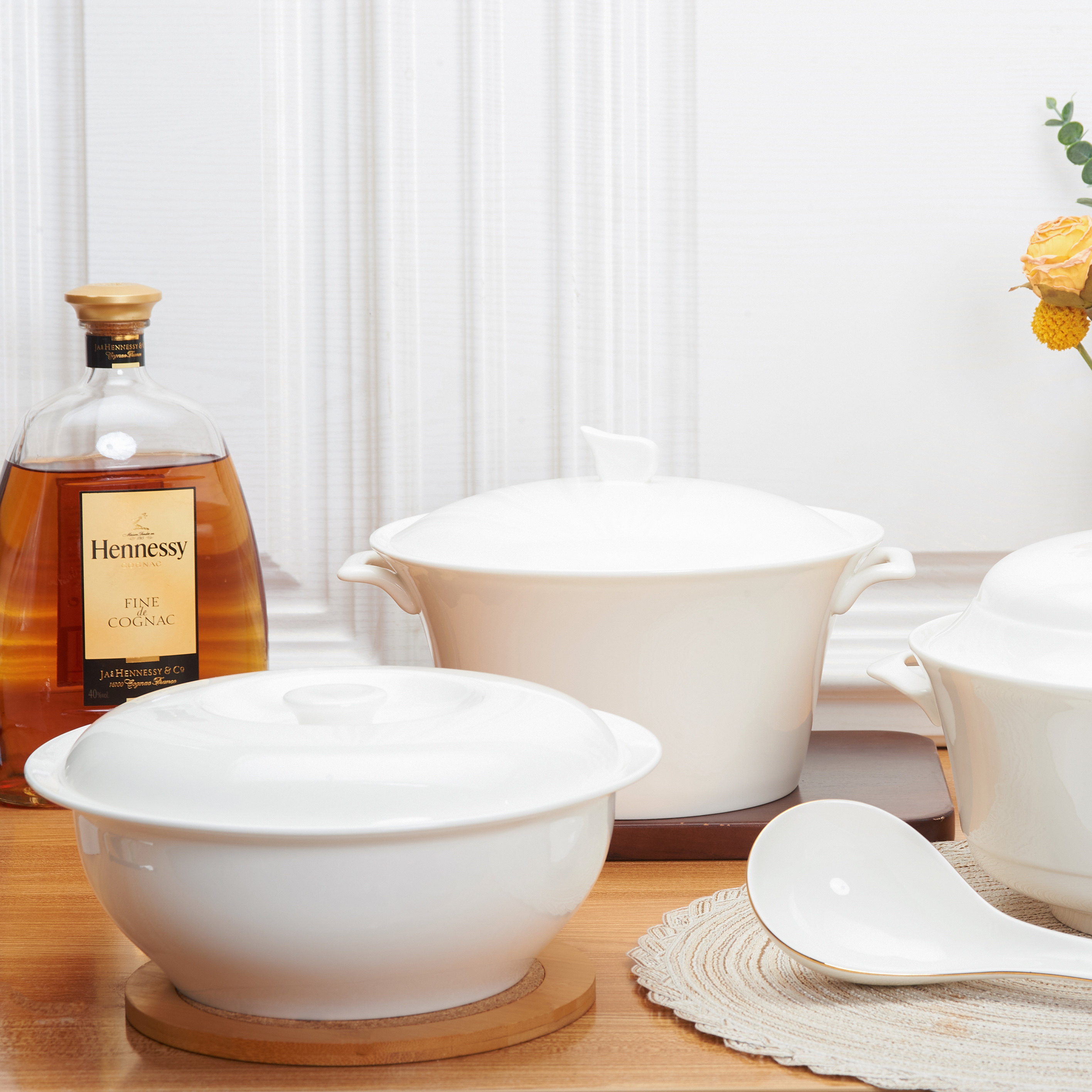 唐山纯白骨瓷家用汤碗汤盆陶瓷餐具炖罐汤煲双耳汤锅大号带盖品锅