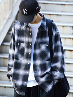 现货 春秋FREAKS STORE 复古宽松渐变格纹法兰绒破洞长袖衬衫 男