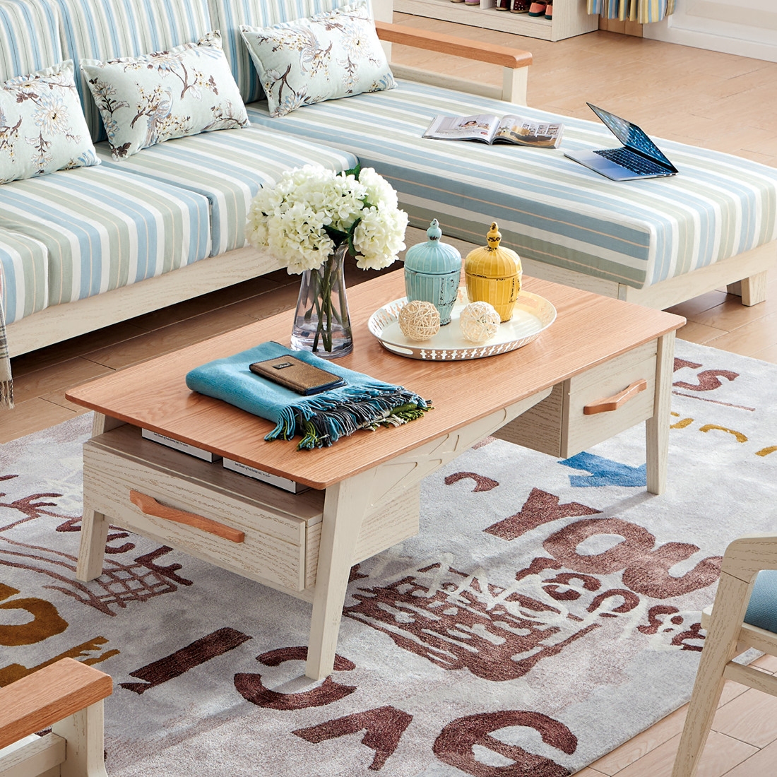 北欧风格纯实木沙发原木茶几现代简约全实木带抽屉茶几客厅组合