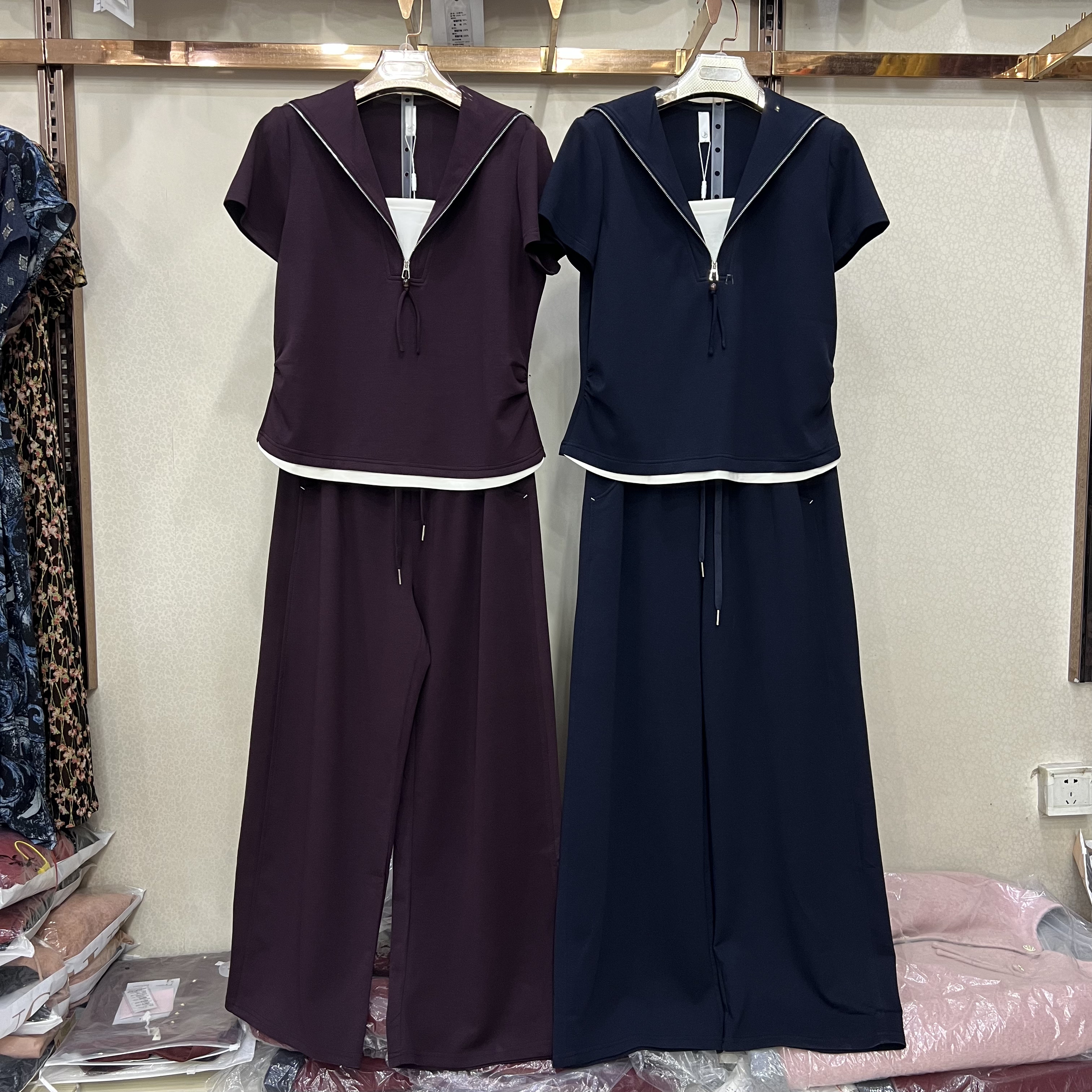 商场同款86108V领短袖T恤阔腿裤两件套女夏新款洋气休闲减龄套装