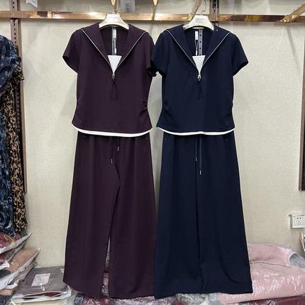 商场同款86108V领短袖T恤阔腿裤两件套女夏新款洋气休闲减龄套装