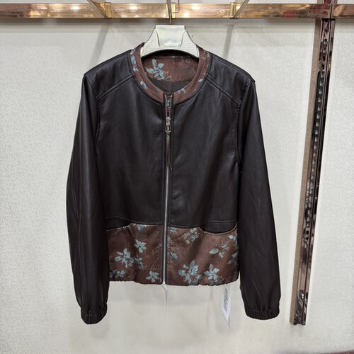 文丽安迪8610秋新圆领拼接皮外套女国风印花拼皮拉链短款夹克上衣